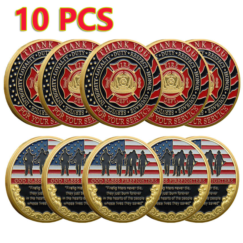 10PCS Thank You for Your Service God Bless Firefighters Fire Challenge Coin