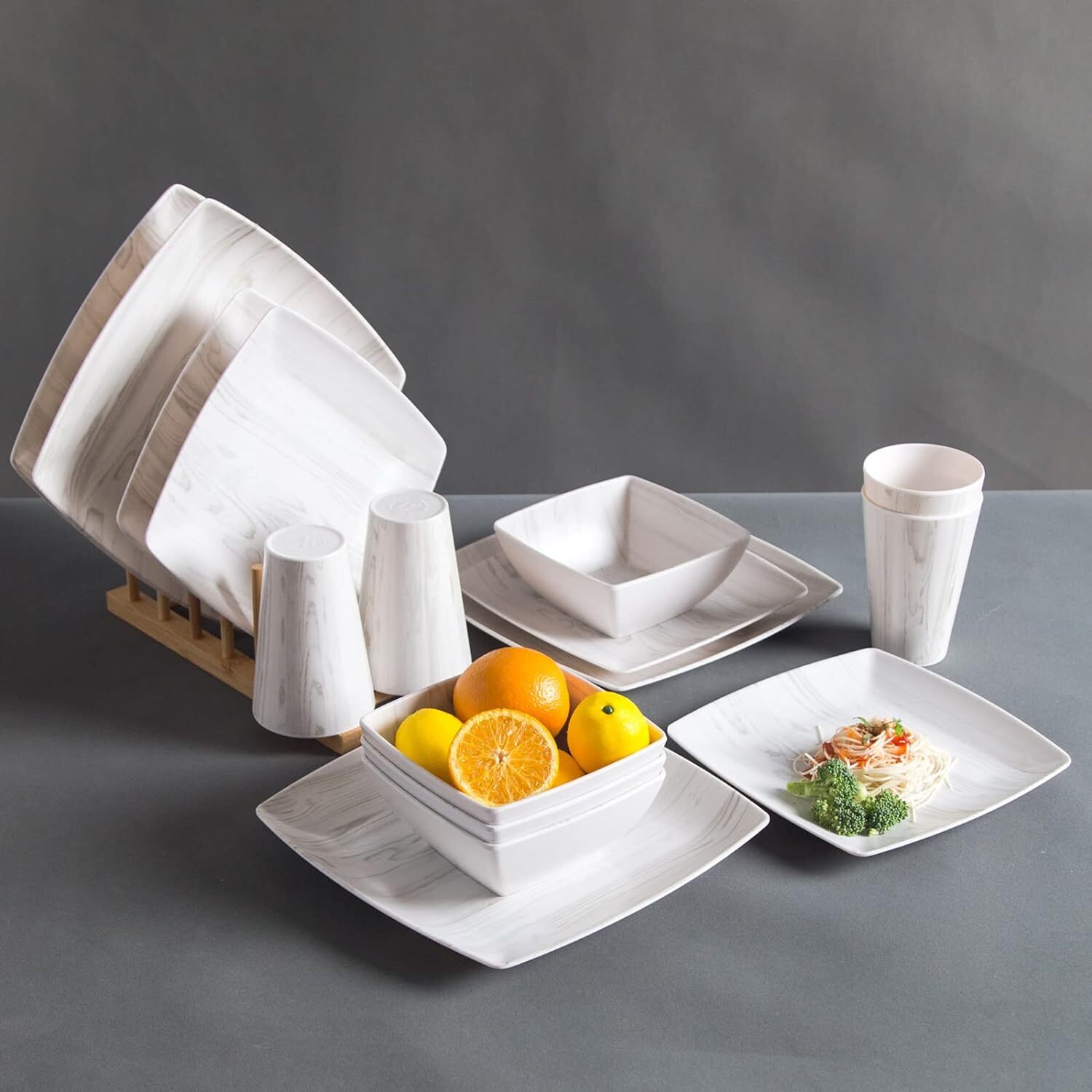 Melamine Dinnerware Set 16Pcs Woodlooking Dish Dishware Square Mugs