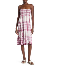 BOHO ME Purple Pink Tie Dye Smocked Bodice Ruffle Hem Strapless Dress S = 4/6