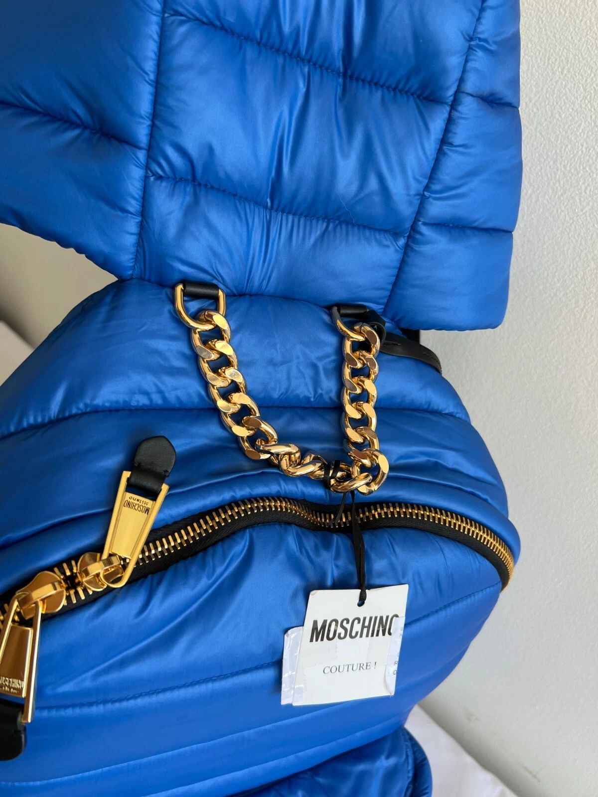 Zaino blu AW20 Moschino Couture Jeremy Scott OVERSIZE con cappuccio attaccato