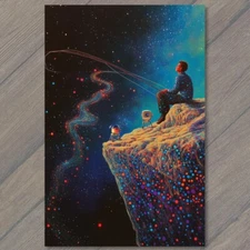 Art Print Silhouette of Man Fishing Cosmic Spiral Sky Vibrant Abstract Display