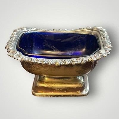 Barker Ellis Vintage Salt Cellar Cobalt Blue Glass Silver Plate Ornate Rim