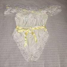 Vintage 80 s Off The Shoulder Teddy Lace Romper Lingerie Ruffles Satin Boudoir