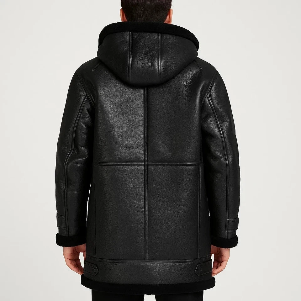 Men’s Black Faux Shearling Leather Hooded Coat | Genuine Sheepskin Winter Jacket - Image 2 of 4