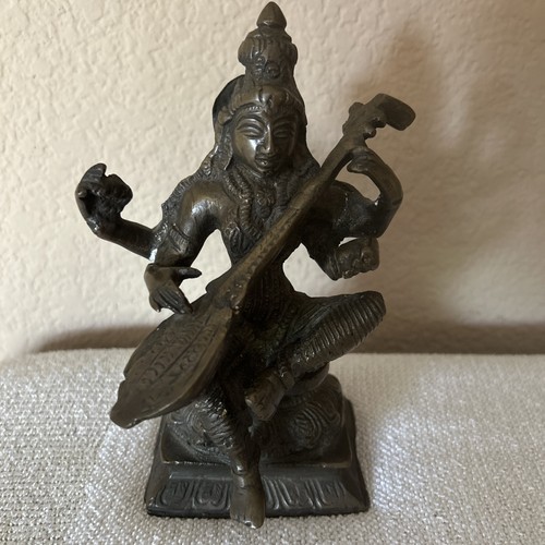 Vintage Whitewhale Metal Goddess Saraswati Sitting Statue Idol Home Decor