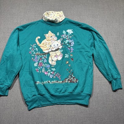 VTG Basic Editions Purrfect Companions Kitten Grannycore Turtleneck Sweatshirt M