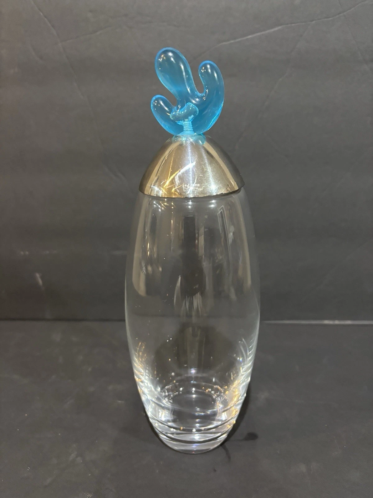 Alessi Cactus! Glass Oil Vinegar Cruet Blue Top Stainless Steel Italy Pourer
