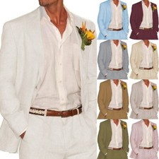 Men 2 Piece Linen Suit Groomsmen Summer Wedding Tuxedos Blazer+Pants 42 44 46 48