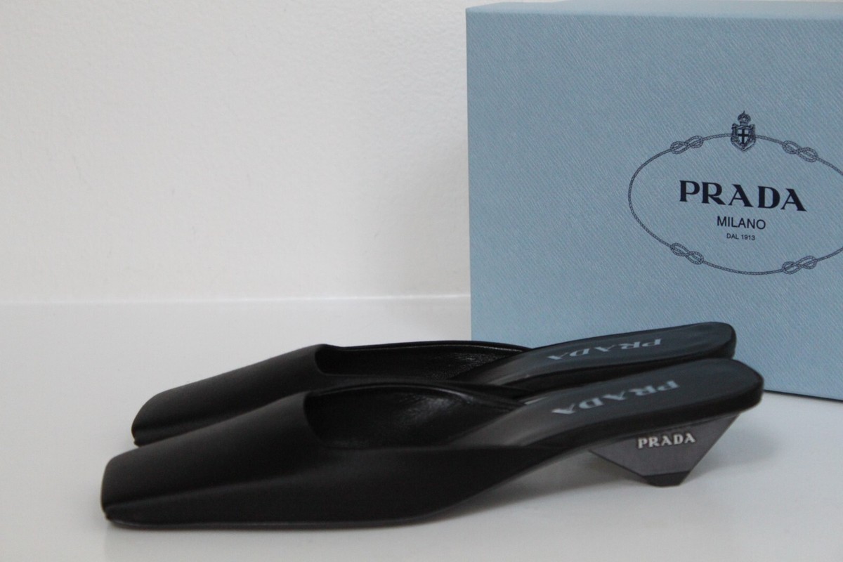 sz 8 / 38.5 Prada Black Satin Modellerie Mule Logo Low Heel Slip