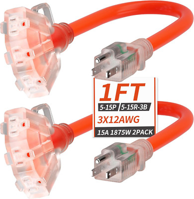 1 FT 2 Pack 12/3 Gauge Outdoor Extension Cord with Multiple Outlets Light Indica
