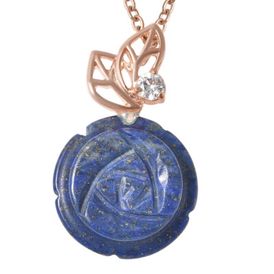 Lapislazuli geschnitzter und simulierter Diamant Rosenform Anhänger Halskette 18 Zoll