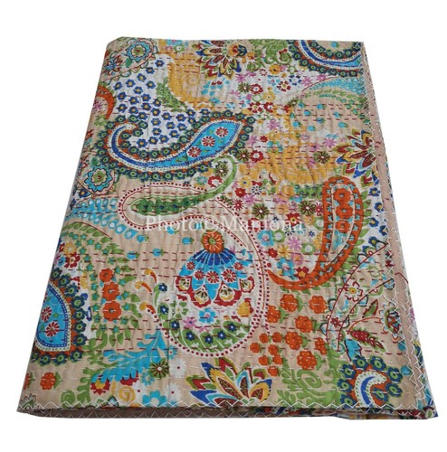 Indian Beige Paisley Print Kantha Cotton Kantha Quilt Throw Blanket Throw Gudari - Picture 3 of 7