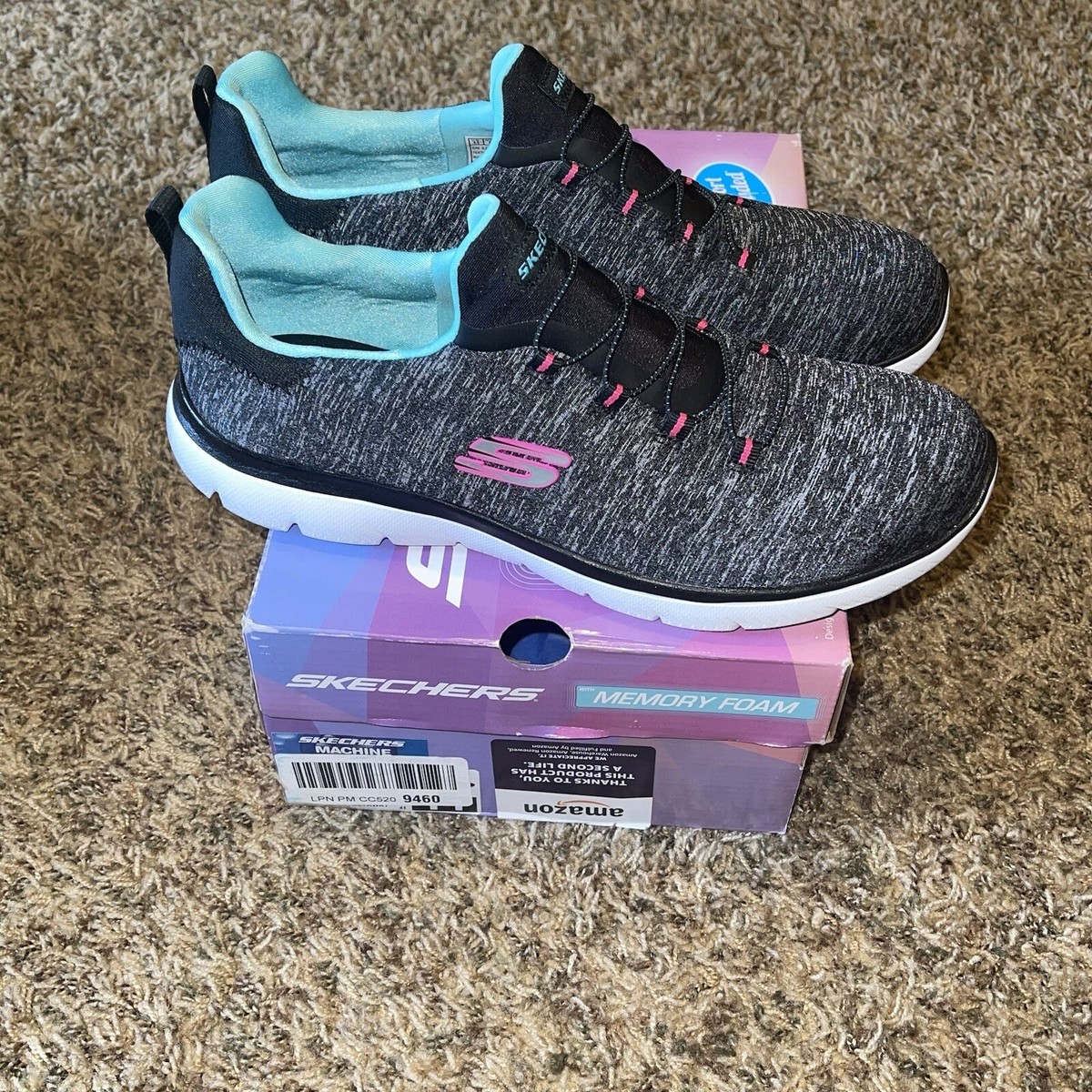 Skechers Memory Foam Quick Getaway 12983 Womens Size 11 Black Light Blue New