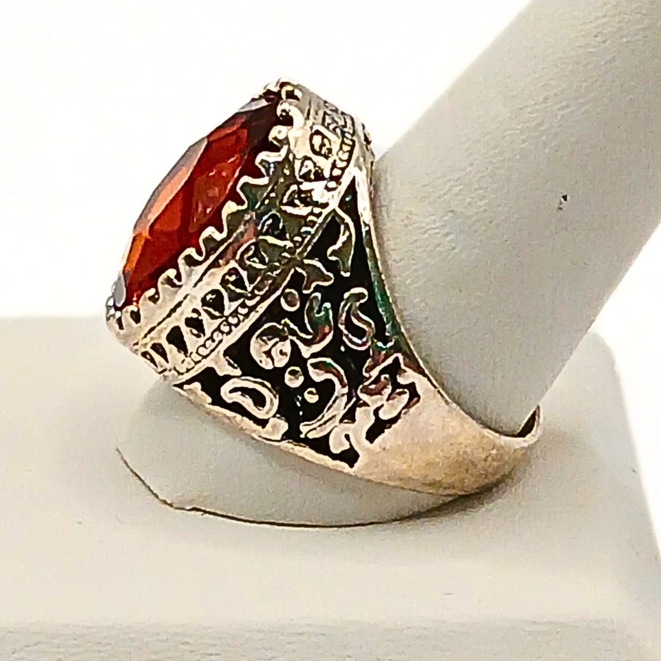 Mens Silver Plated Zircon Ring Size 11 Faceted Solitaire Intricate Turkey Amber - Image 3 of 4