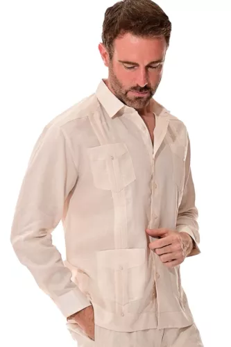 Bohio Mens 100% Linen Cuban Guayabera Shirt -Natural Traditional 4-Pocket-MLS501