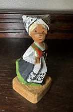 Woman Figurine In Traditional Folk Costume Wood Hand Carved In Dress 3.75" H