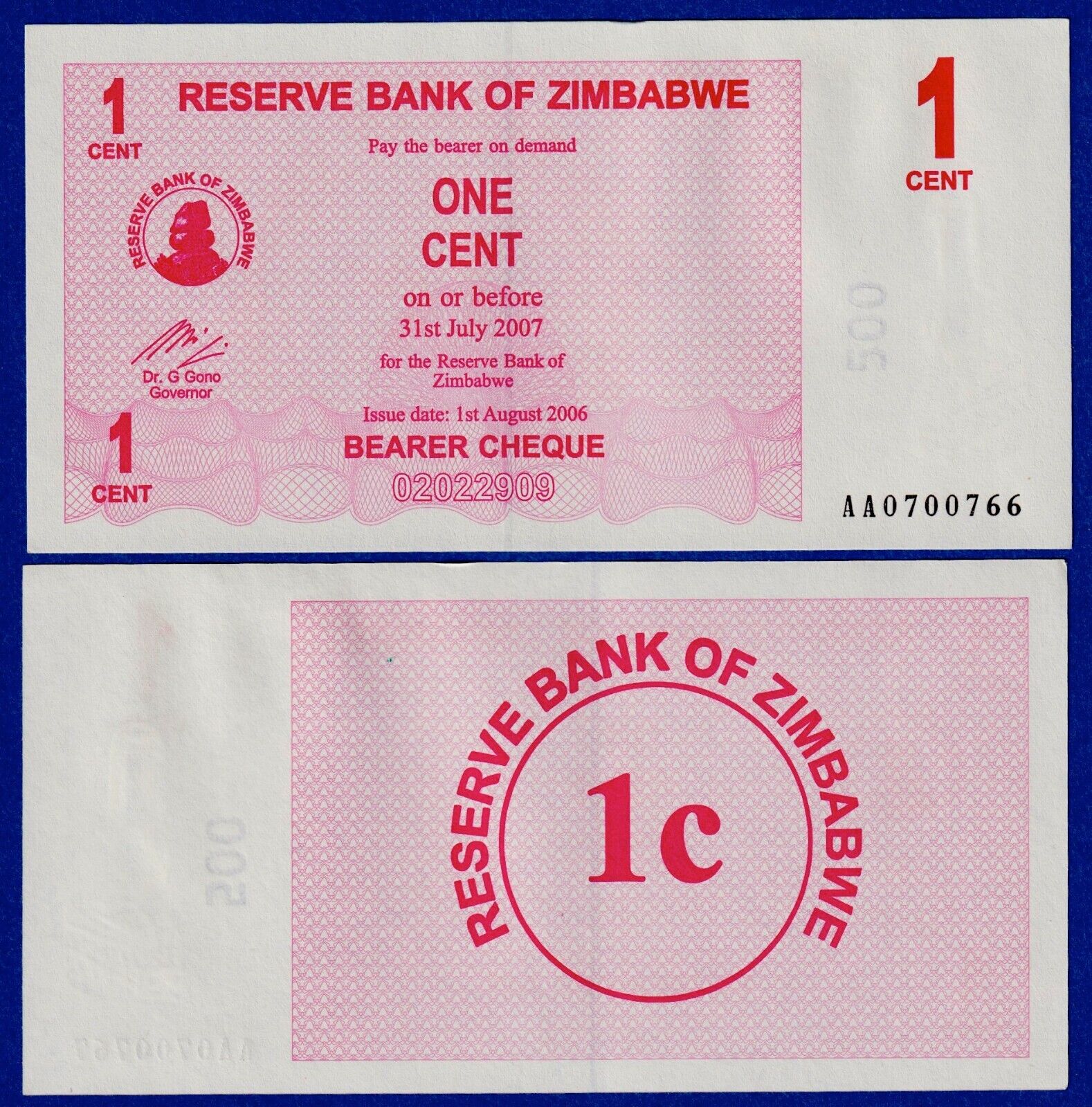 ZIMBABWE 1 Cent (2006) P-33 aUNC Prefix AA Bearer Cheque 