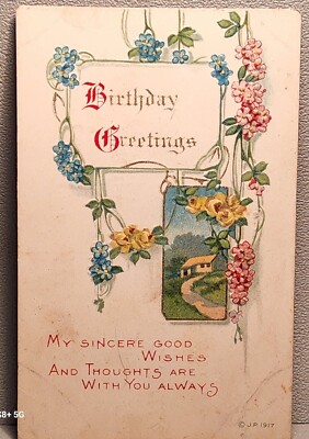 お願いします c1917~Happy Birthday Greetings Postcard~Floral with House Scene