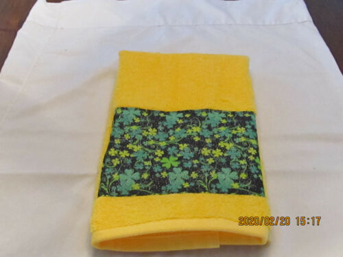 Handmade Green and Yellow Shamrocks Fabric on a Gold Hand Towels - Picture 1 of 4
