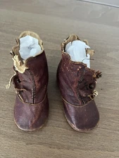 Antique Doll Leather Button Boots Baby Shoes 4”  Red Burgundy DL1