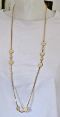 Grand Collier chaine couleur Or émail beige cristaux diamant bijou vintage 5196 - Photo 1/3