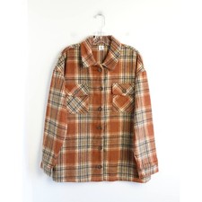 Sunday Club Plaid Shirt Jacket Brown Shacket Cozy Fuzzy Wool Like Large New Nwot
