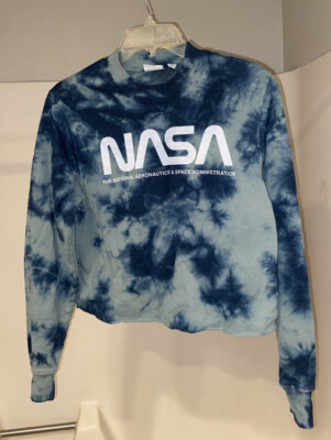 NASA Sweatshirt Tie Dye Blue Green Boxy Cropped Crew Neck