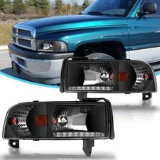 For 94-02 Dodge Ram 1500 2500 3500 Headlights Led Drl Head Lamps Black Clear