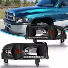 For 94-02 Dodge Ram 1500 2500 3500 Headlights LED DRL Head Lamps Black Clear