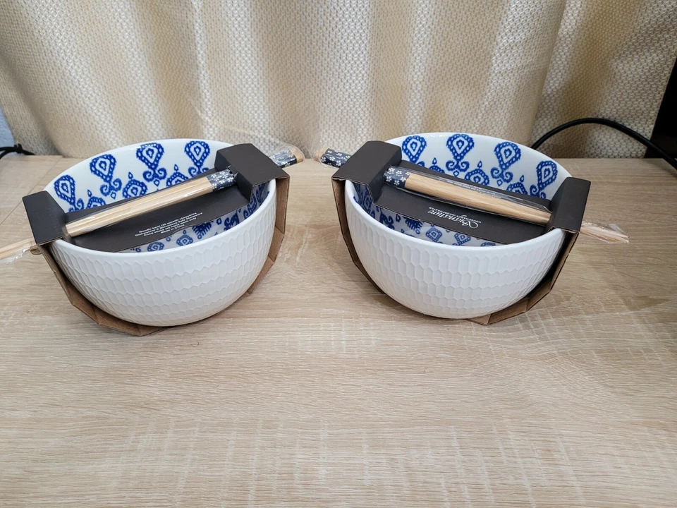 Set of 2 Blue & White Signature Housewares Incorporated Noodle Bowls + Chopstick - Image 4 of 4