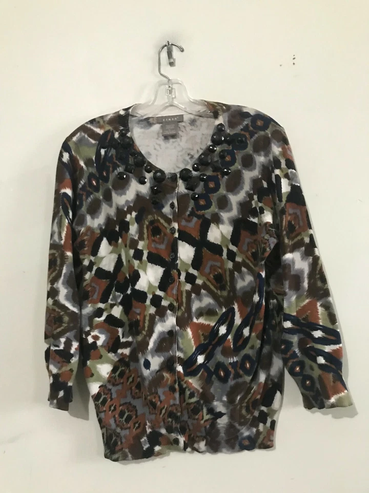 Kenar L 码花卉串珠领棕色海军蓝奶油色黑色开衫毛衣女式 — 第 4/4 张图片