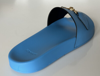 NIB $575 Versace Gold Medusa Leather/Rubber Sandals Blue 9.5 
