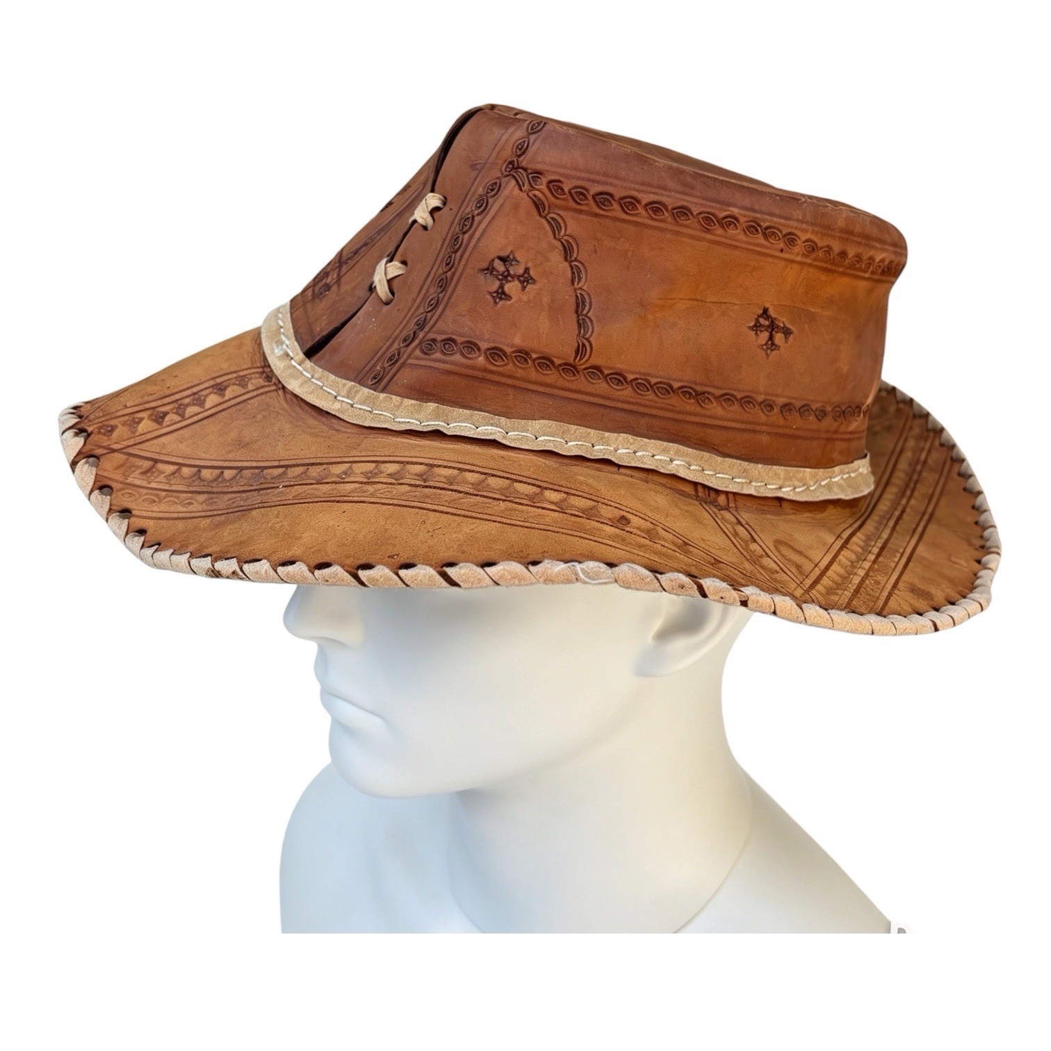 Mens Vintage Brown Etched Leather Hat Retro Indie Festival Small RefJ