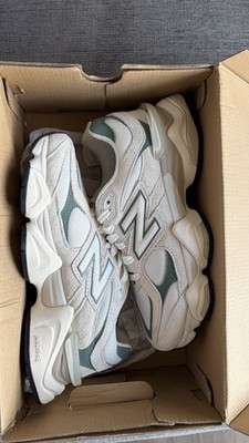 New Balance 9060 Linen Dark Juniper sneakers cream and green suede design