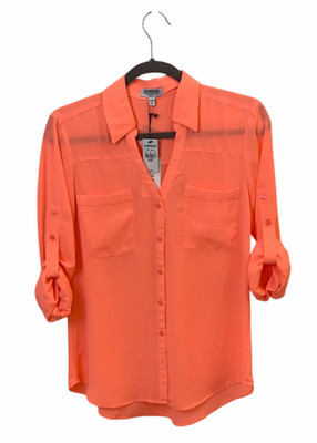 Express Slim Fit Portofino Shirt Convertible Roll Sleeve Women Button Blouse- M