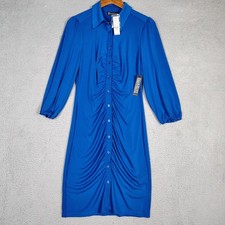 New York & Company Dress Women's Large Blue Ruched Button Front Puff Sleeve NWT