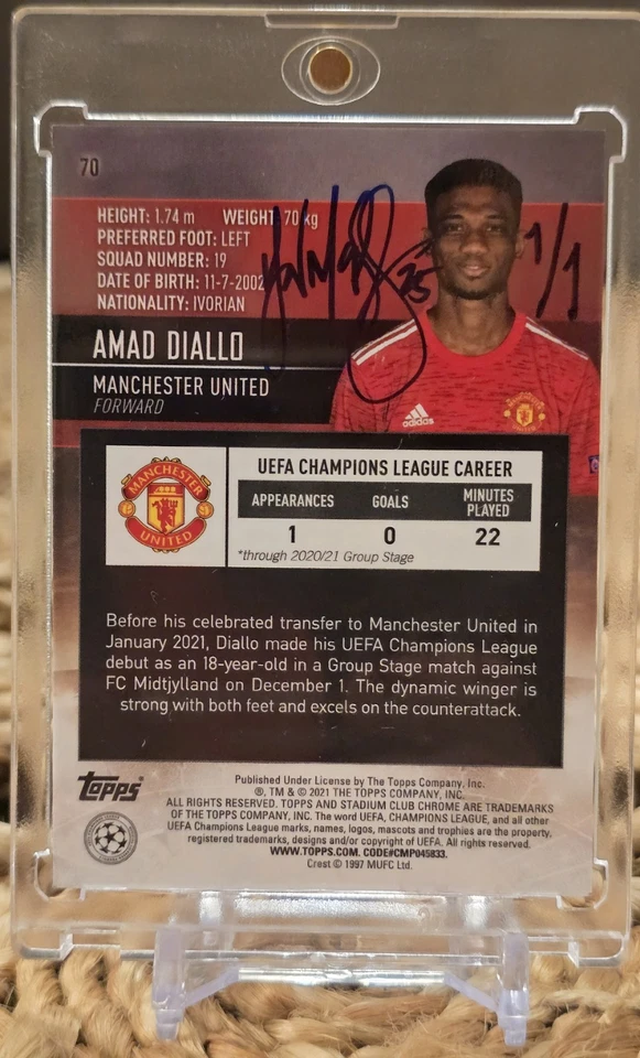 1/1 Amad Diallo Ian McKesson Art Card 2020-21 Topps Stadium Club Chrome UEFA RC - Image 2 of 2