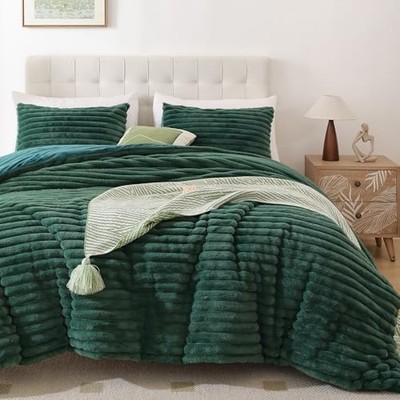  Fluffy Full Size Comforter Sets 3 Pieces - Dark Green Fleece Fluffy Comforter 
