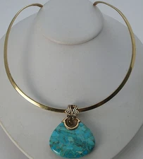 Modernist Bronze Barse Necklace Torque Collar , Enhancer & Turquoise Pendant