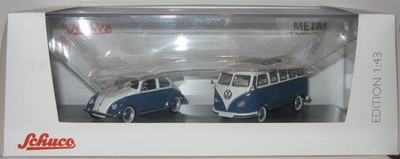 Schuco 1:43 Schuco 450269300 1/43 Blue/White Volkswagen T1 Samba & VW Beetle