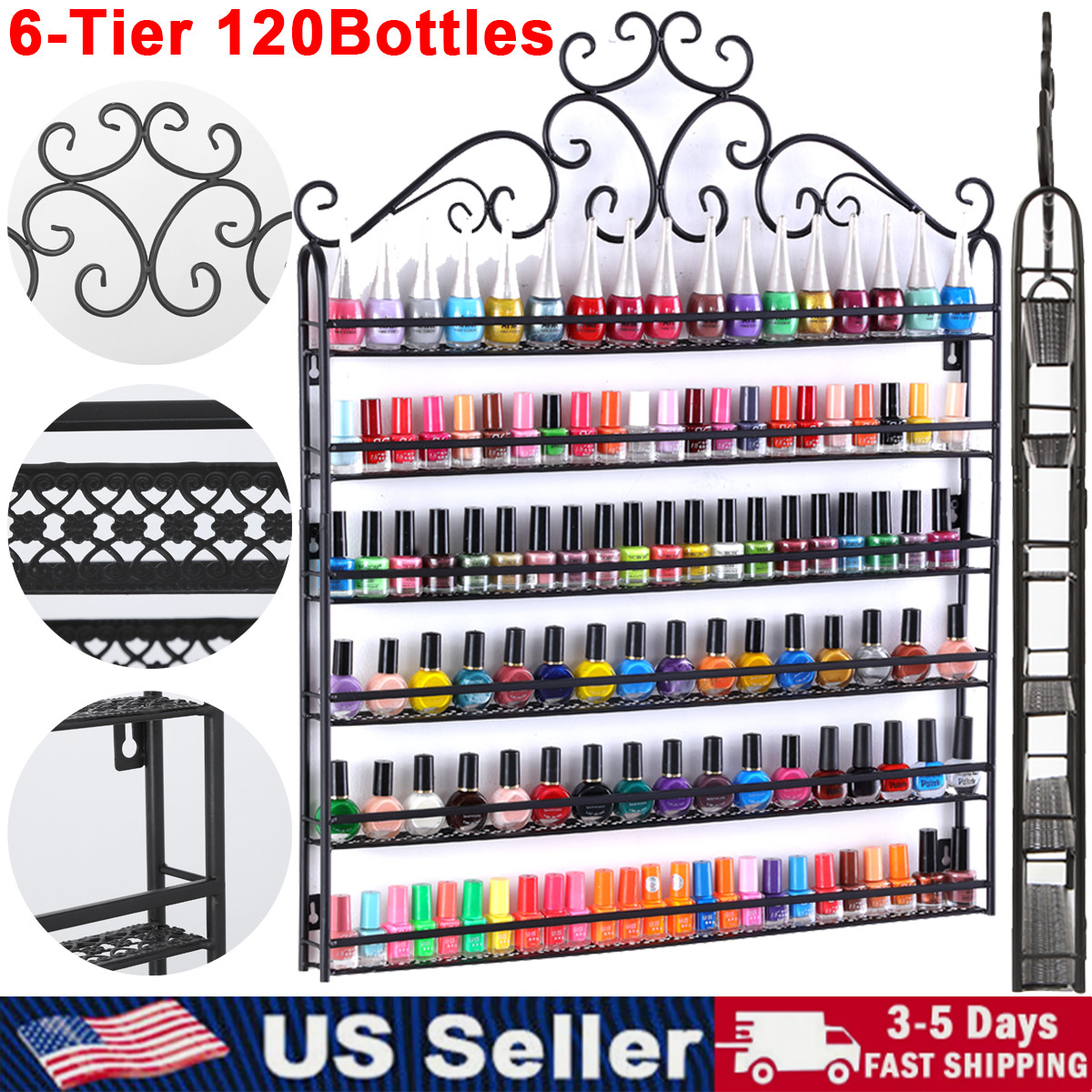 6 TIER Metal Nail Polish Racks Organizer Shelf Black for Home Salon Business Spa