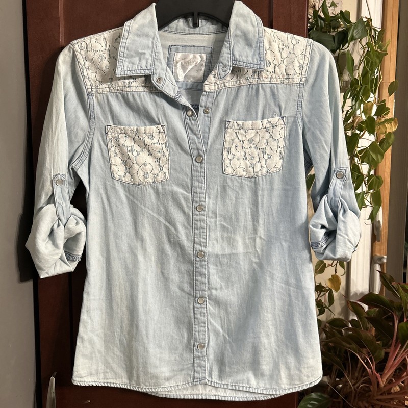 Justice Denim Top Shirt Blue Bling Embellished White Floral Lace size 14 FLAW