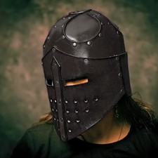 Medieval Knight Templar Helmet - Crusader Leather Armor Mask for LARP Cosplay