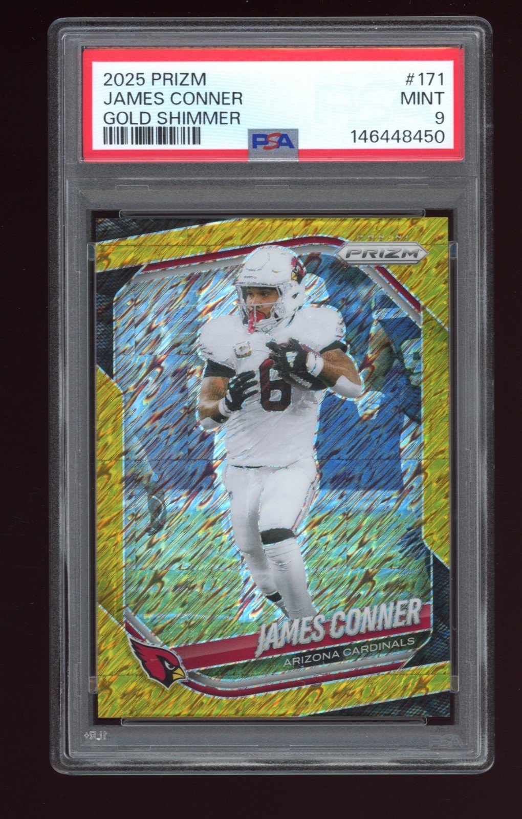 2025 Panini Prizm - James Conner #171 Gold Shimmer Prizm 06/10 PSA 9 Jersey Num