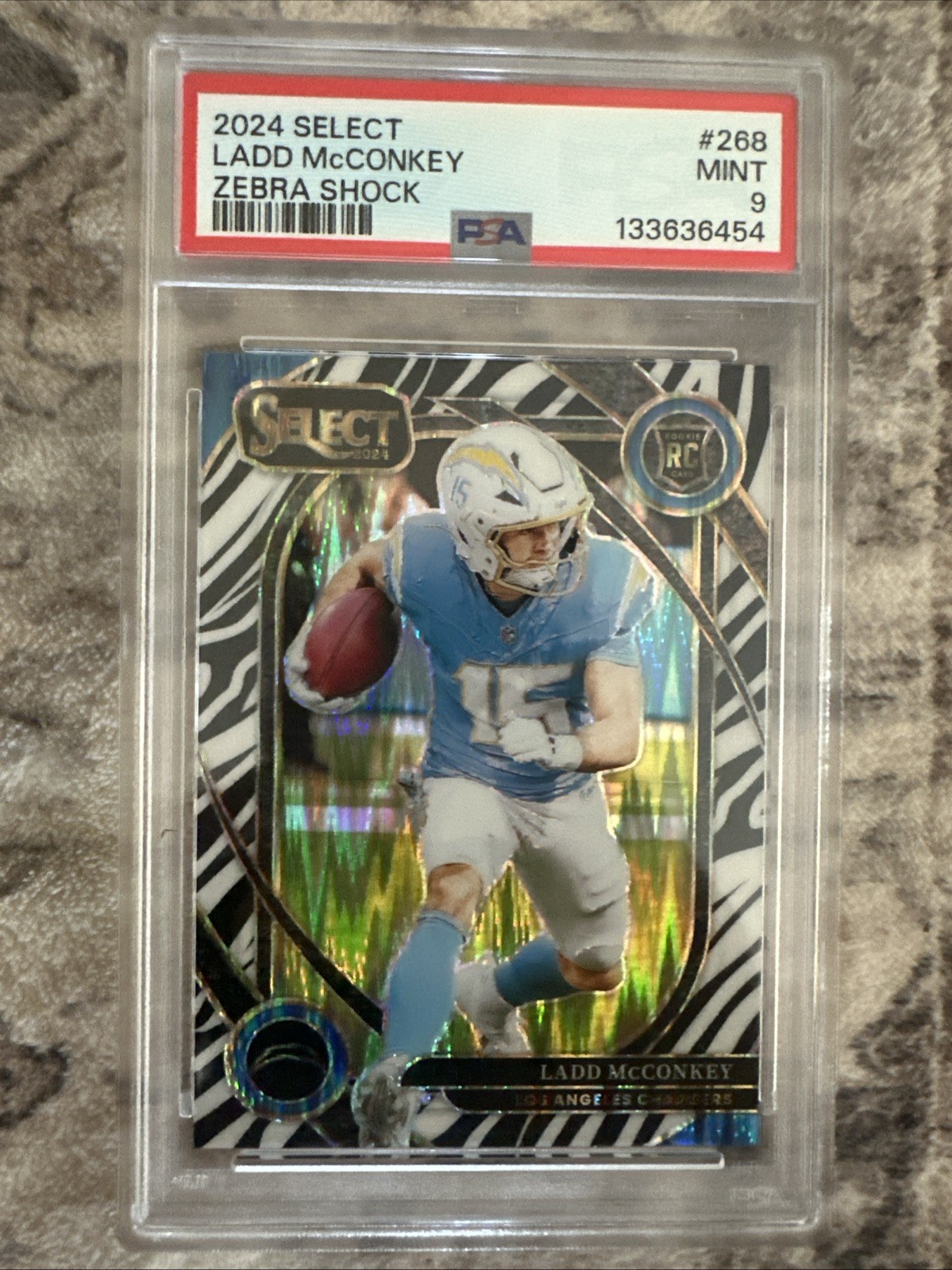2024 Panini Select - Club Level Ladd McConkey #268 Zebra Prizm (RC) PSA 9