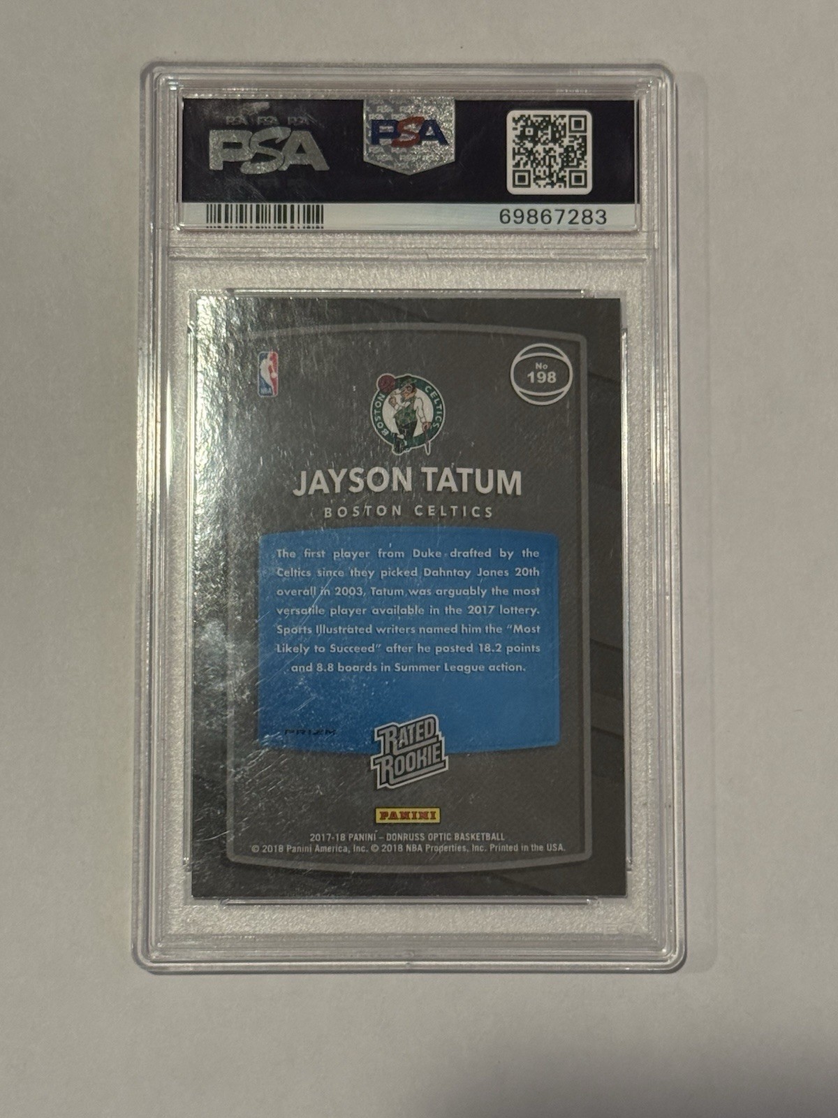 2017-18  Donruss Optic Jayson Tatum #198 Fast Break Holo Rated Rookie PSA 10 view 2