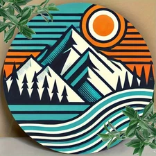 Abstract Mountains Sunset Colorful Geometric Round Metal Sign
