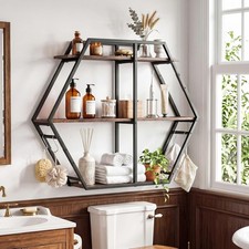 Hexagon Metal Frame Wall Shelf, 3-Tier Geometric Bookcase with 4 S-Shaped Hooks