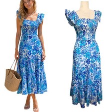 Womens S Maxi Dress Floral Smocked Tiered Pockets Feminine Cottagecore Boho Blu
