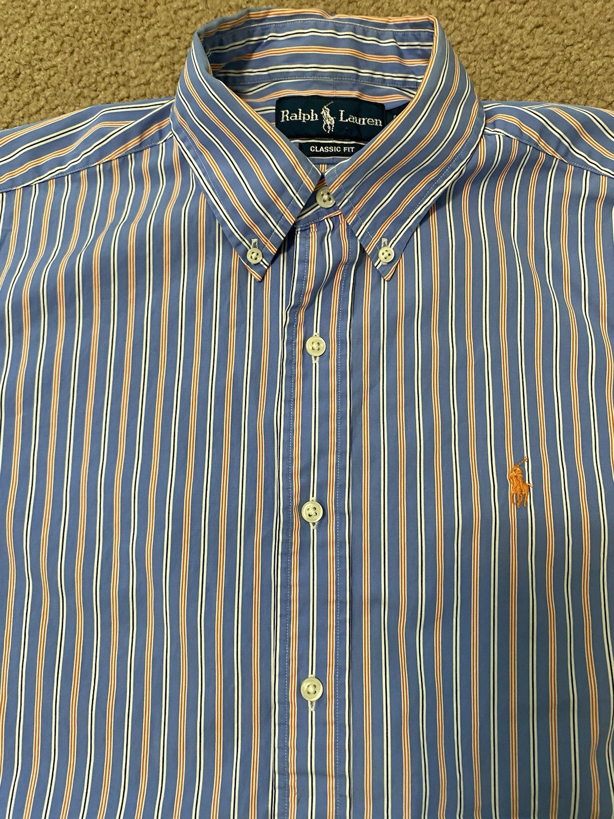 Ralph Lauren camicia uomo blu medio arancione a righe con bottoni polo arancione pony